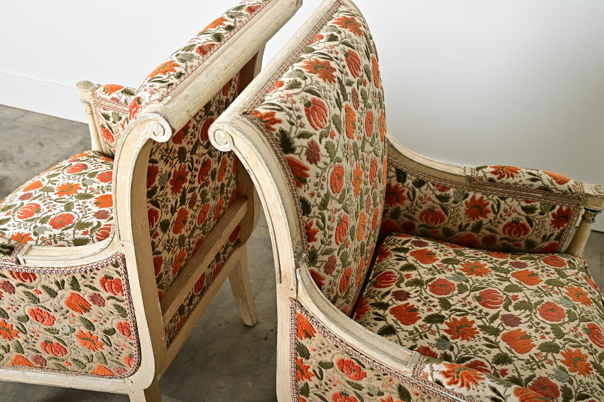 Velours Paire de Bergeres Directoire françaises du 19ème siècle en vente