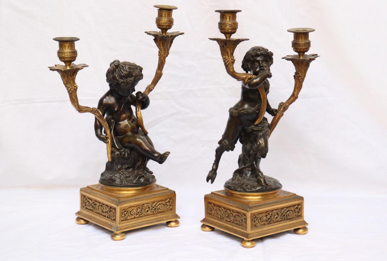 Louis XVI French 19th Century Pair of Faune and Bacchus Candelabras, circa 1880