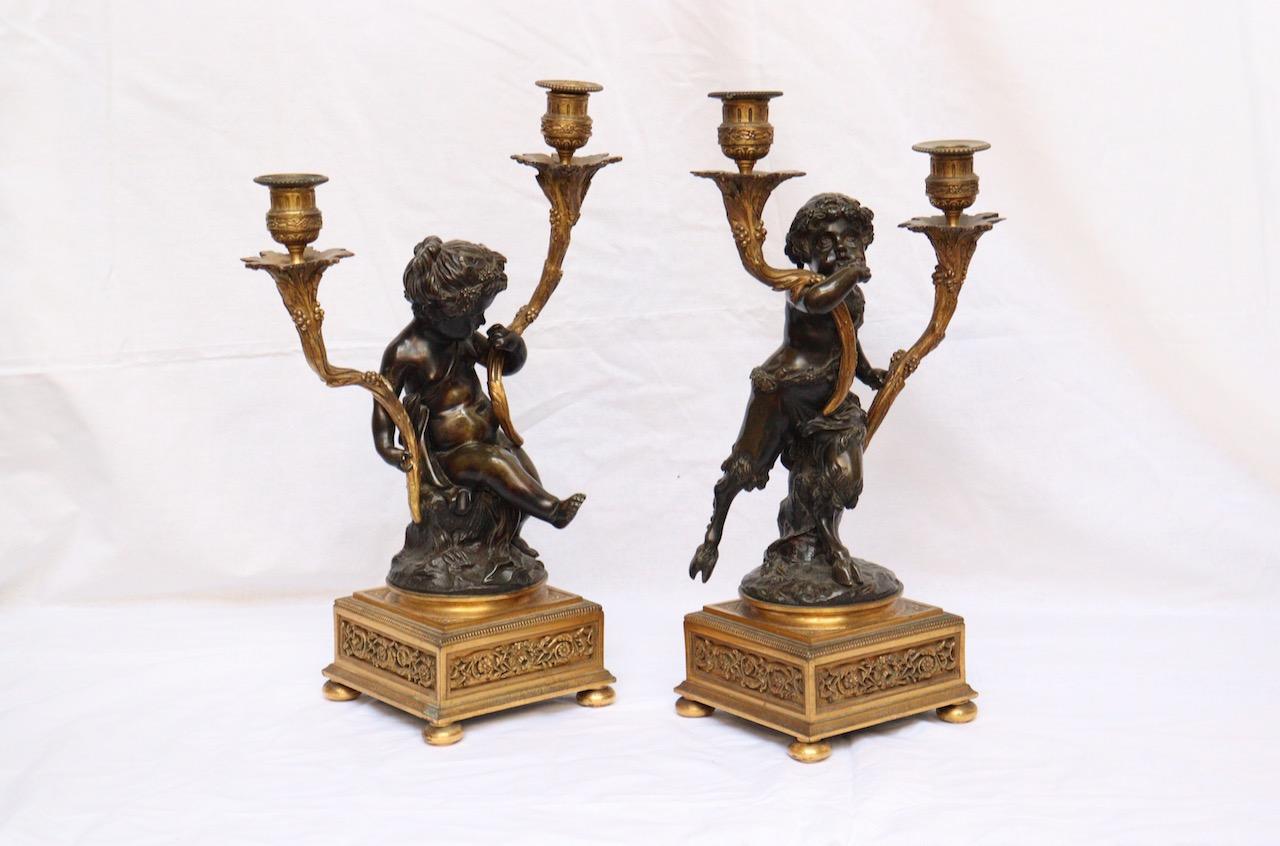 Patinated French 19th Century Pair of Faune and Bacchus Candelabras, circa 1880