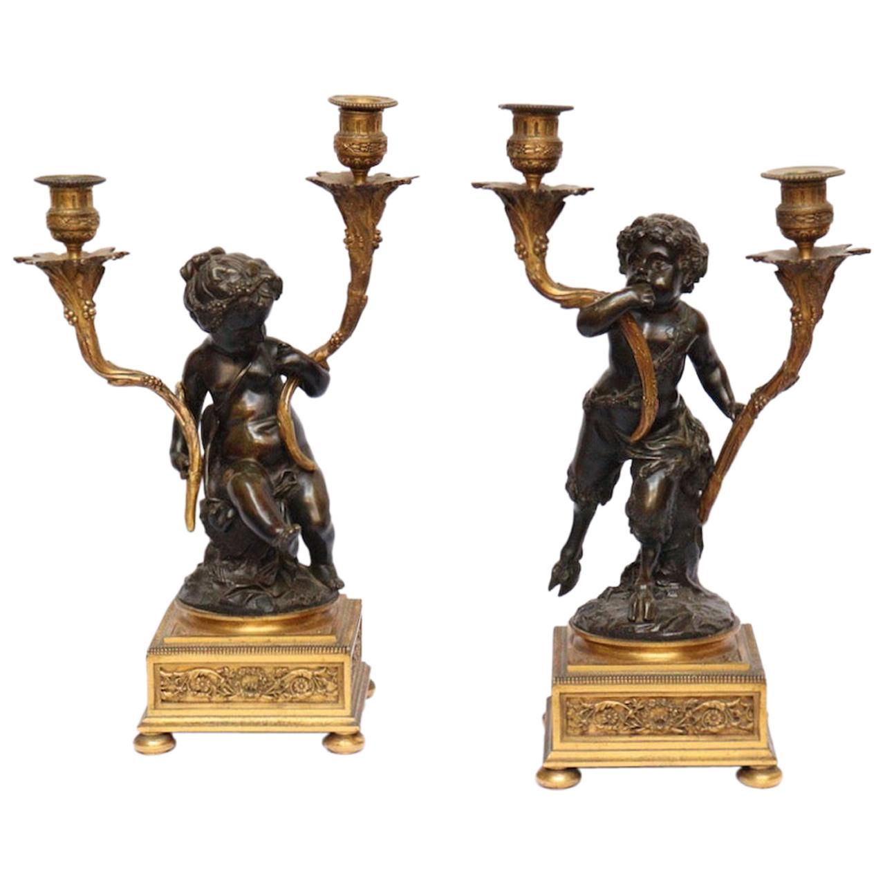 French 19th Century Pair of Faune and Bacchus Candelabras, circa 1880