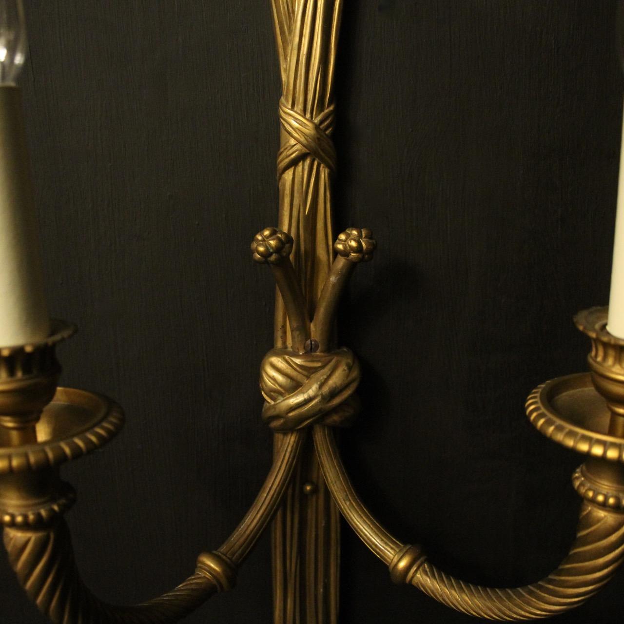 French 19th Century Pair of Gilded Bronze Rope Wall Lights For Sale 3
