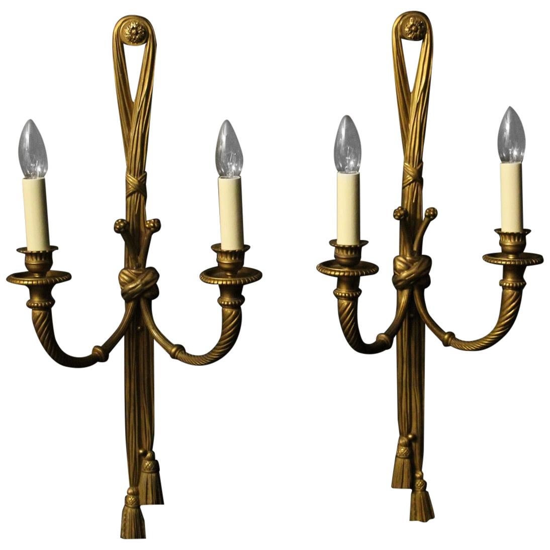 French 19th Century Pair of Gilded Bronze Rope Wall Lights For Sale