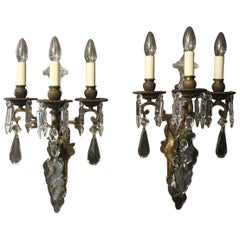 Antique French 19th Century Pair of Gilded Bronze Triple Arm Wall Sconces