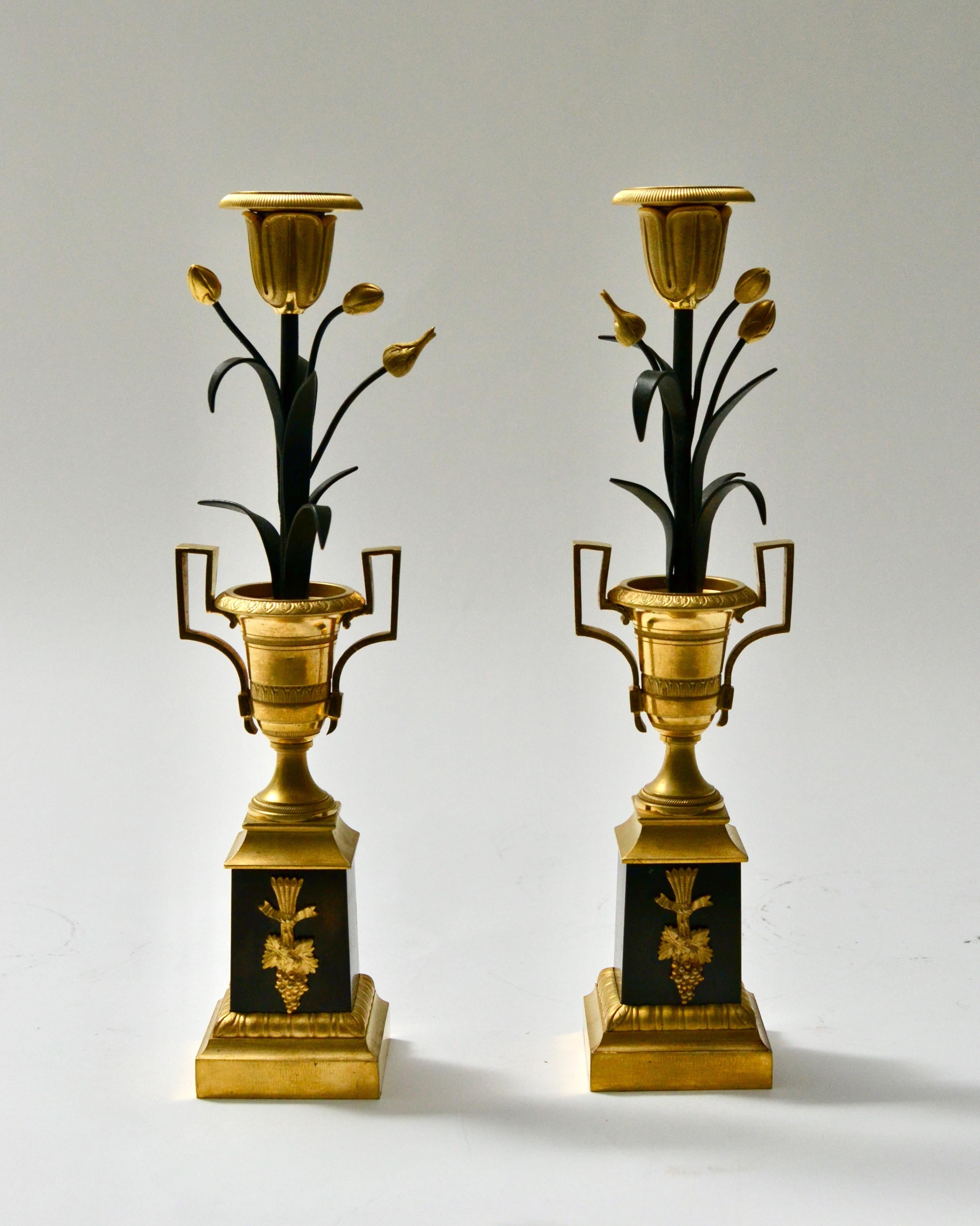 French 19th Century Pair of Gilt and Patinated Candlesticks  1