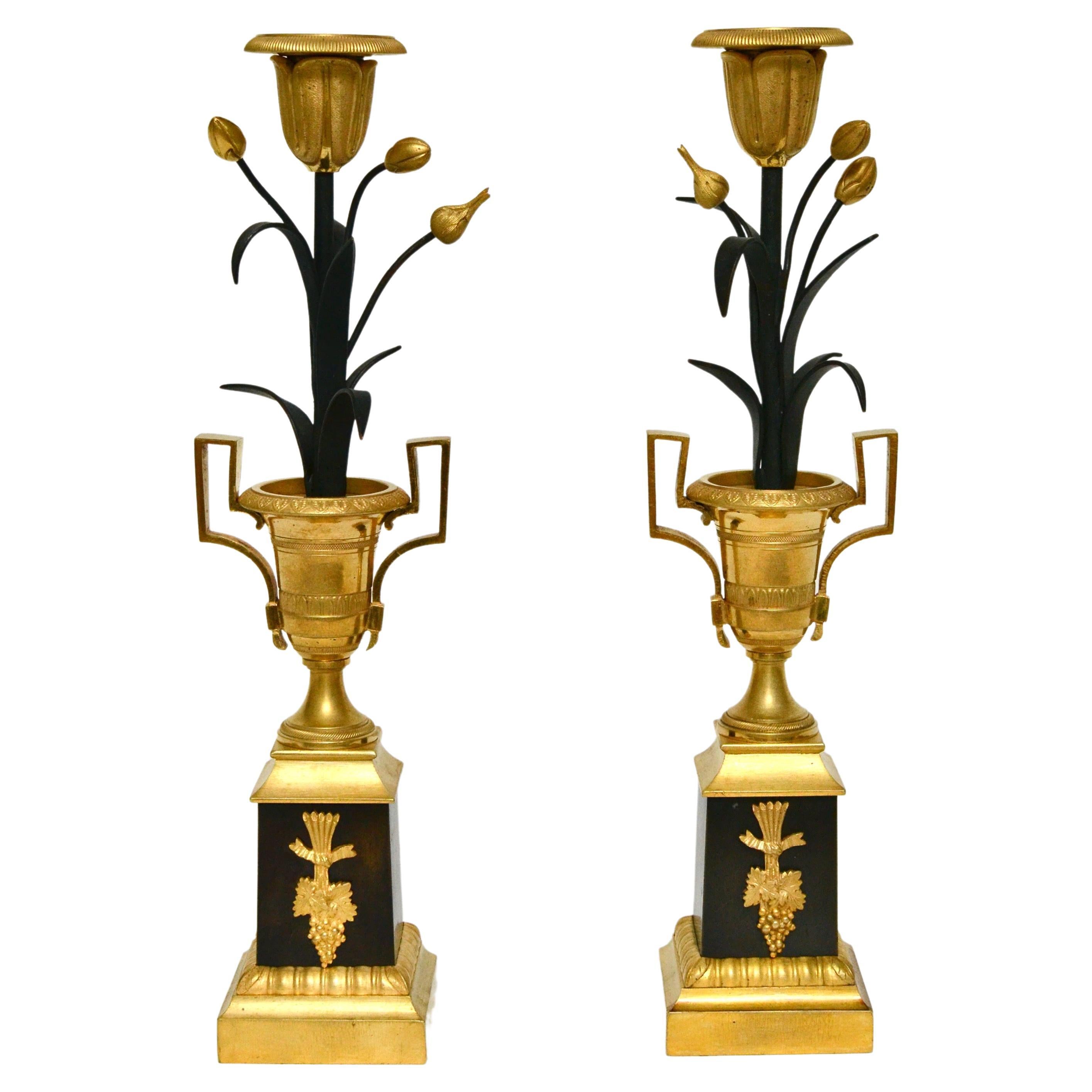 French 19th Century Pair of Gilt and Patinated Candlesticks 