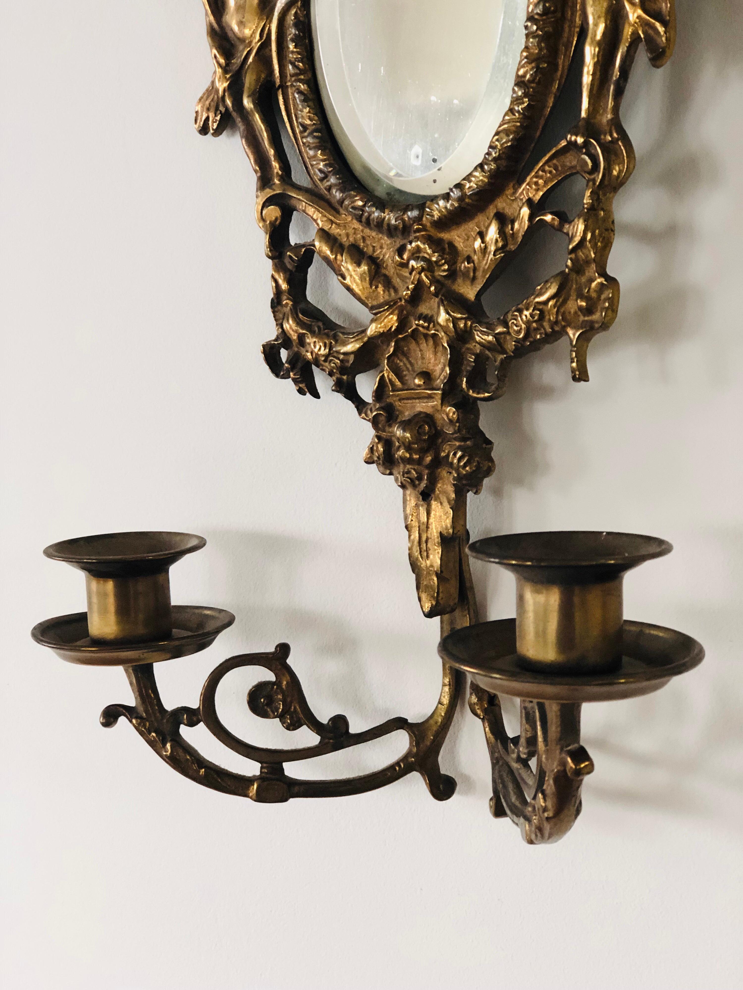 French 19th Century Pair of Gold-Leaf Mirrored Two-Light Sconces In Good Condition For Sale In Sofia, BG