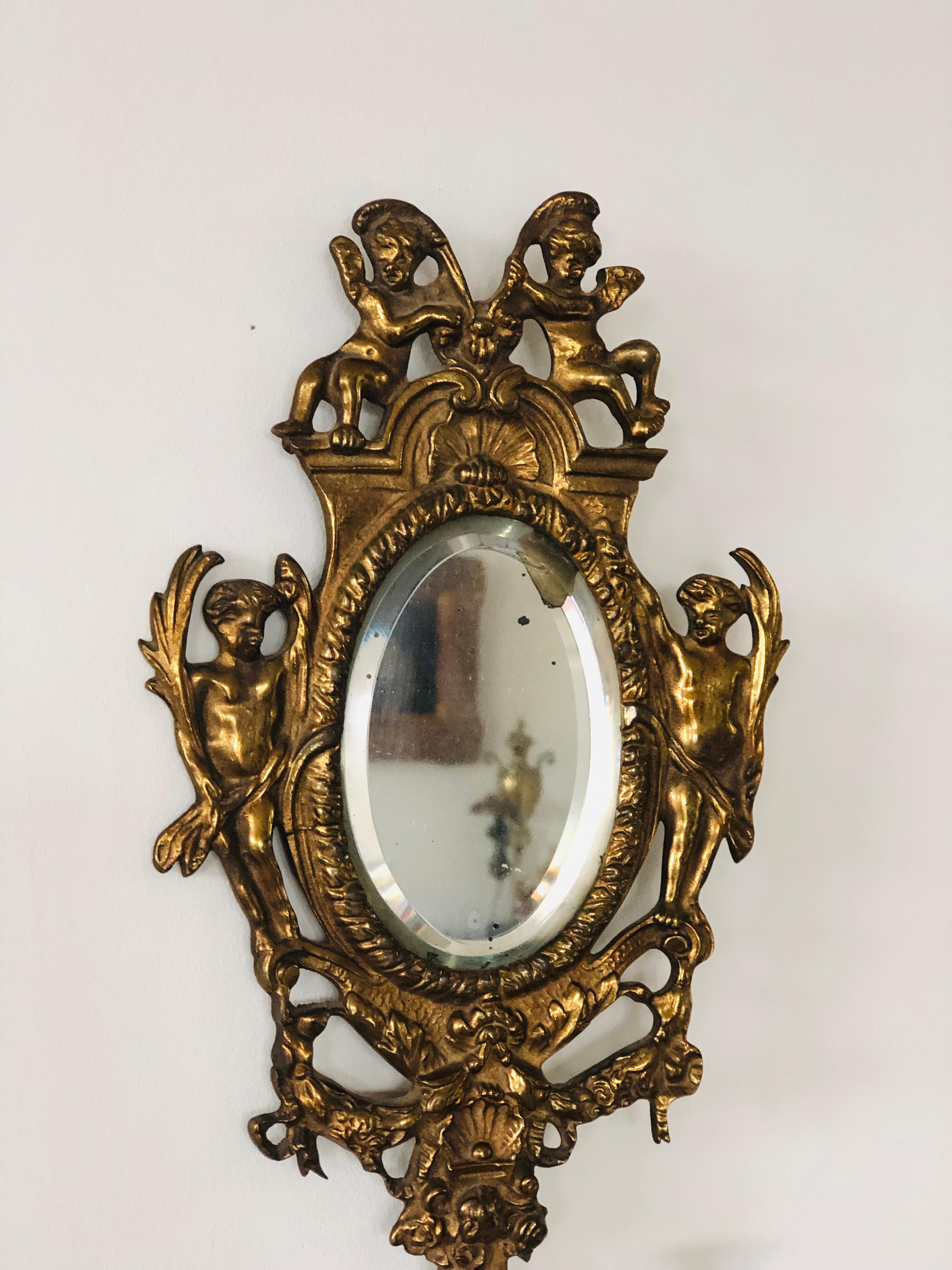 Bronze French 19th Century Pair of Gold-Leaf Mirrored Two-Light Sconces For Sale