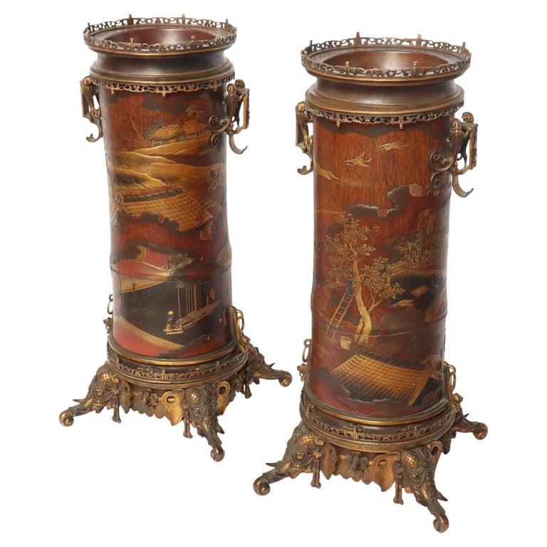 French 19th Century Pair of Lacquered Bamboos Japonisme Vases In Good Condition For Sale In Saint-Ouen, FR