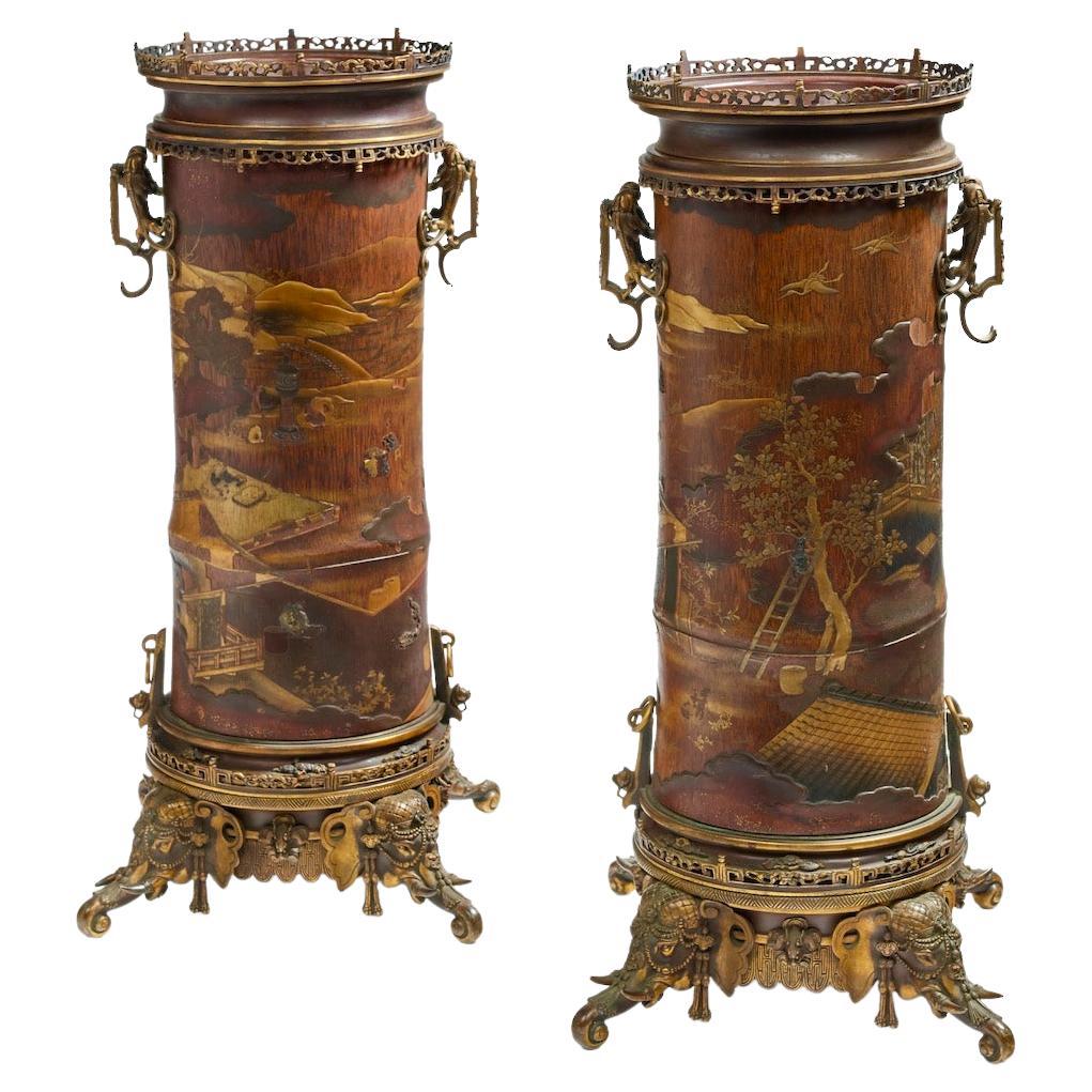 French 19th Century Pair of Lacquered Bamboos Japonisme Vases