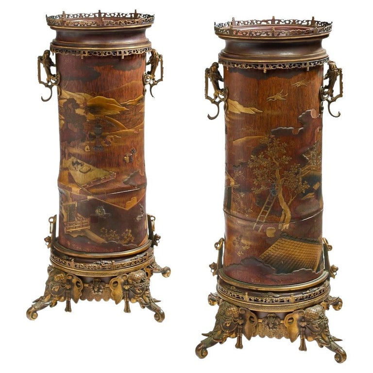 French 19th Century Pair of Lacquered Bamboos Japonisme Vases For Sale