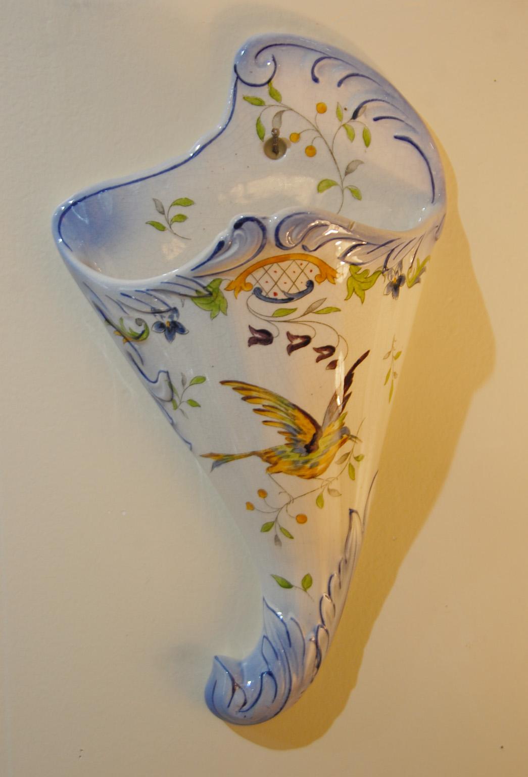 Hand-Painted French 19th Century Pair of Longchamp Faience Hand Painted Wall Pockets