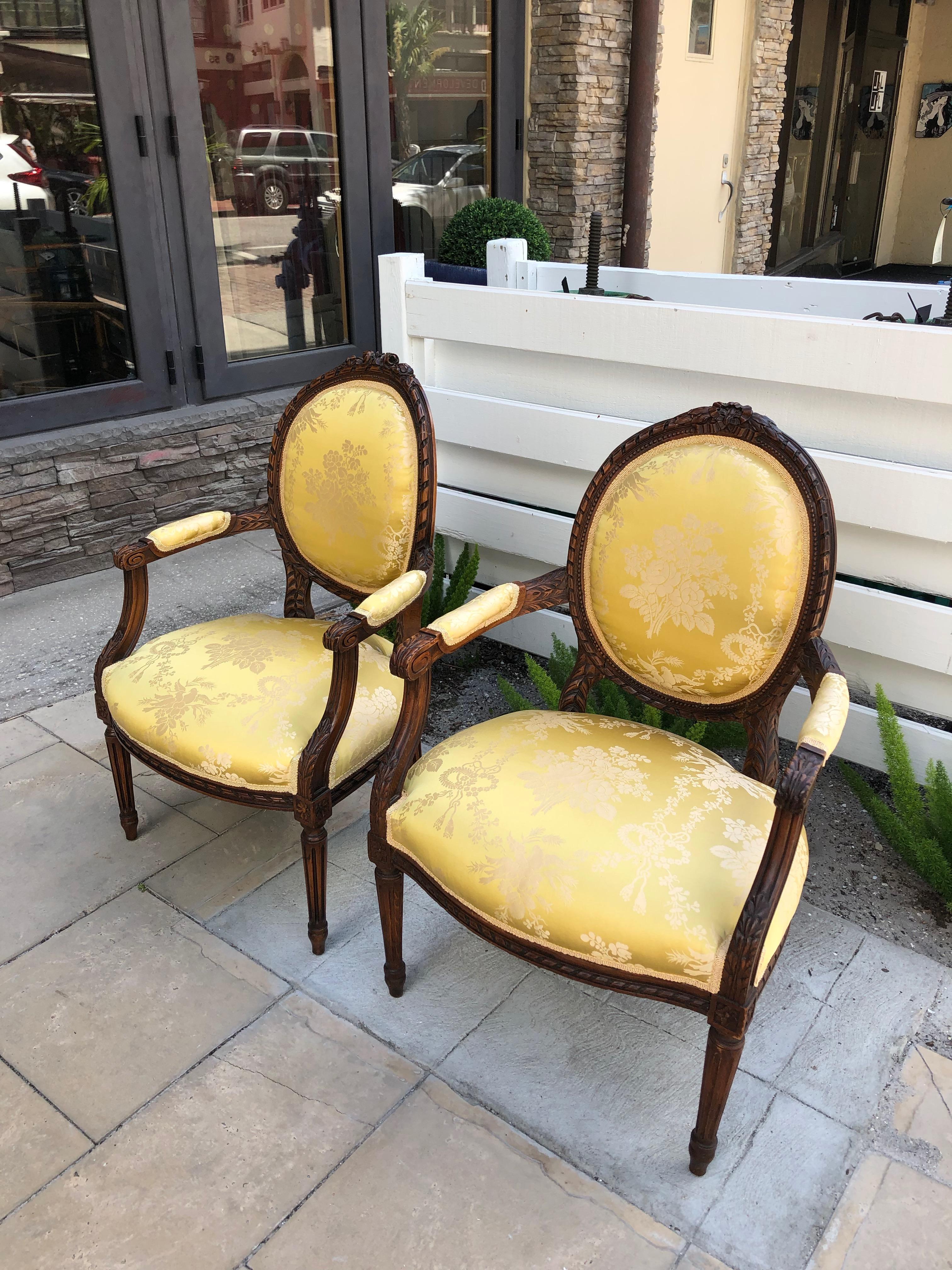 Hand-Carved French 19th Century Pair of Louis XVI Armchairs/Bergere Chairs