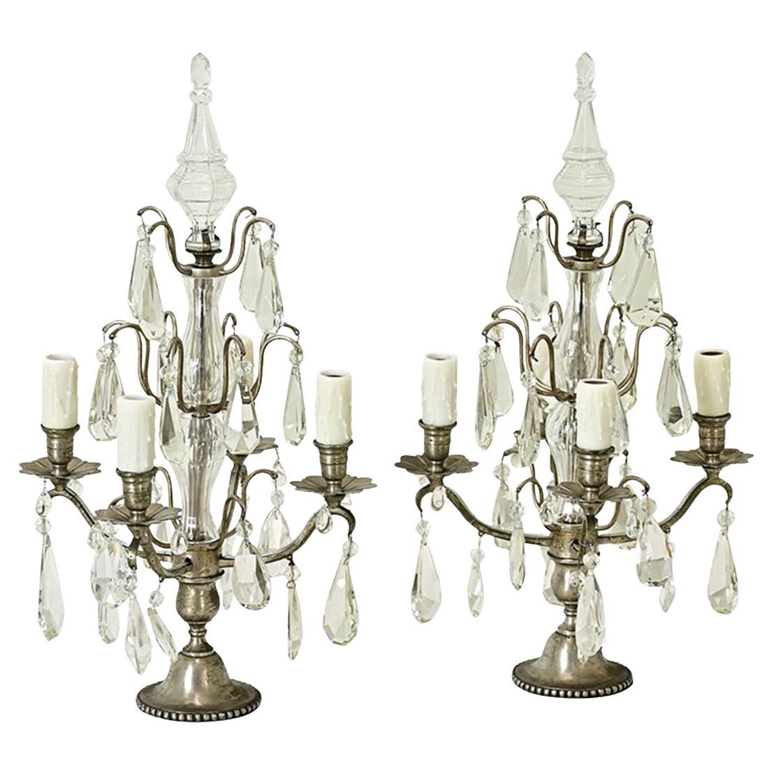 French 19th Century Pair of Wired Crystal Girandoles