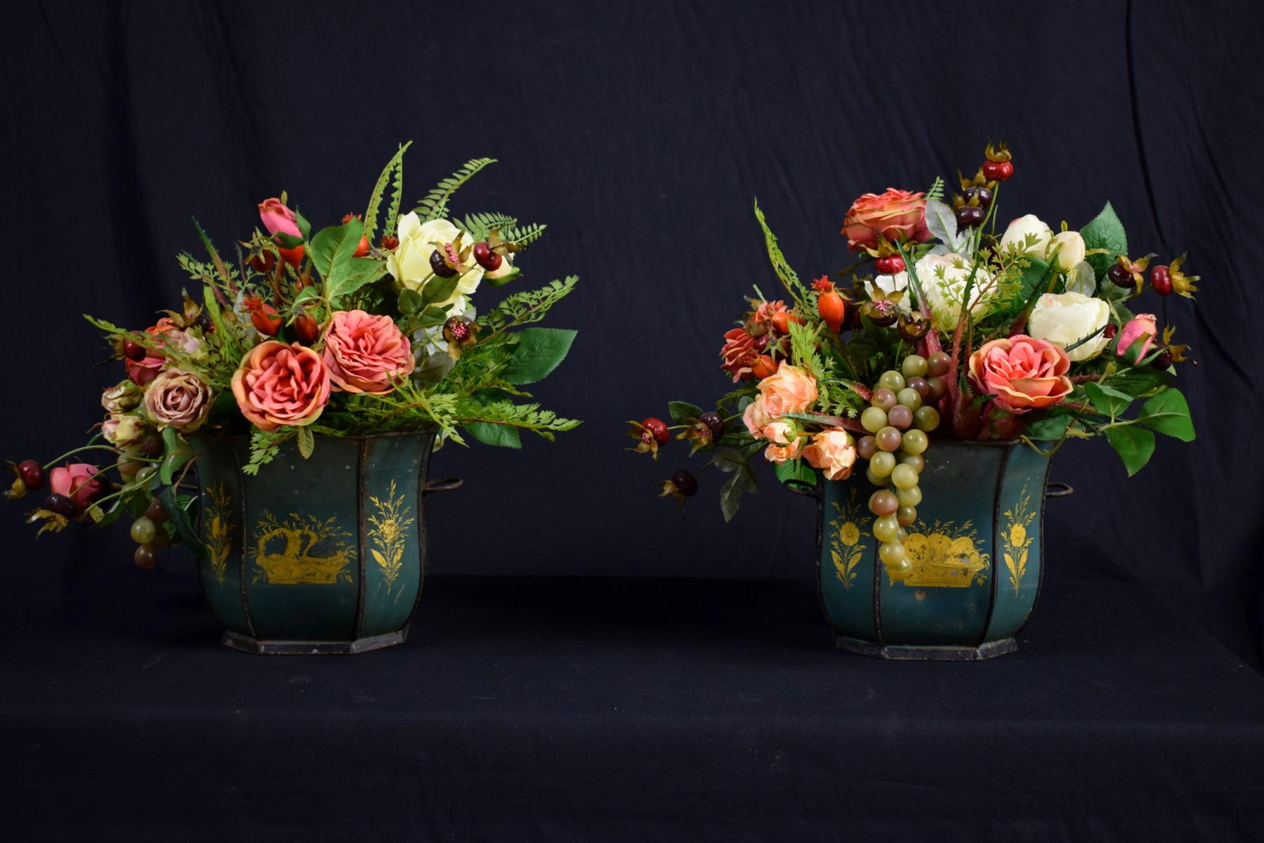 French 19th century pair of flower vases green lacquered metal with gold flowers.
The fine Italian artificial flower composition is included in the sale.