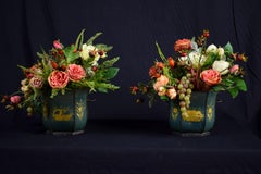 French 19th Century Pair of Flower Vases Green Lacquered Metal with Gold Flowers