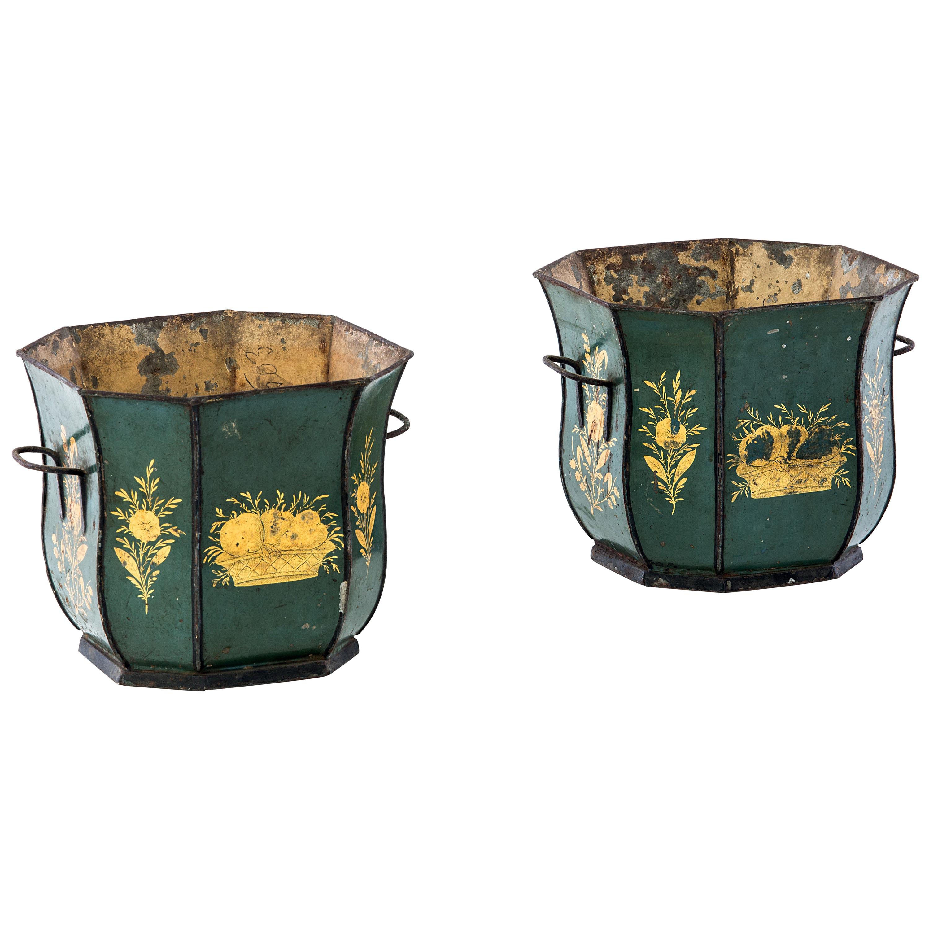 French 19th Century Pair of Flower Vases Green Lacquered Metal with Gold Flowers