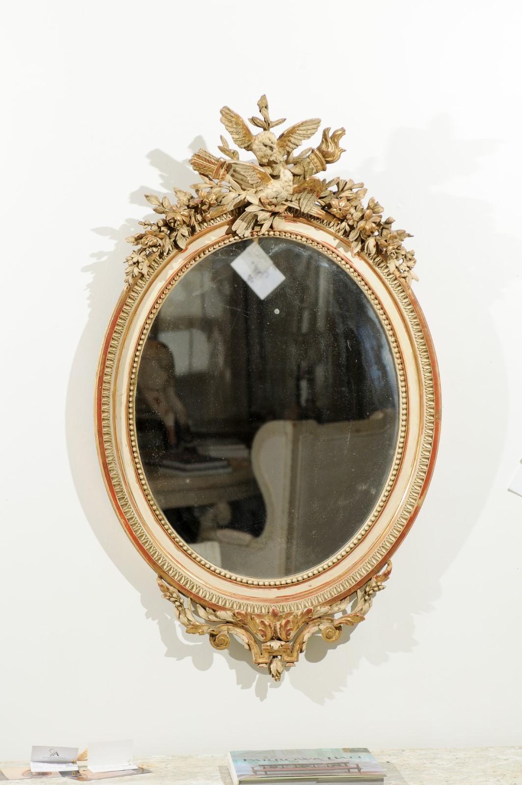 French 19th Century Parcel Gilt Carved Oval Marriage Mirror with Kissing Doves 7