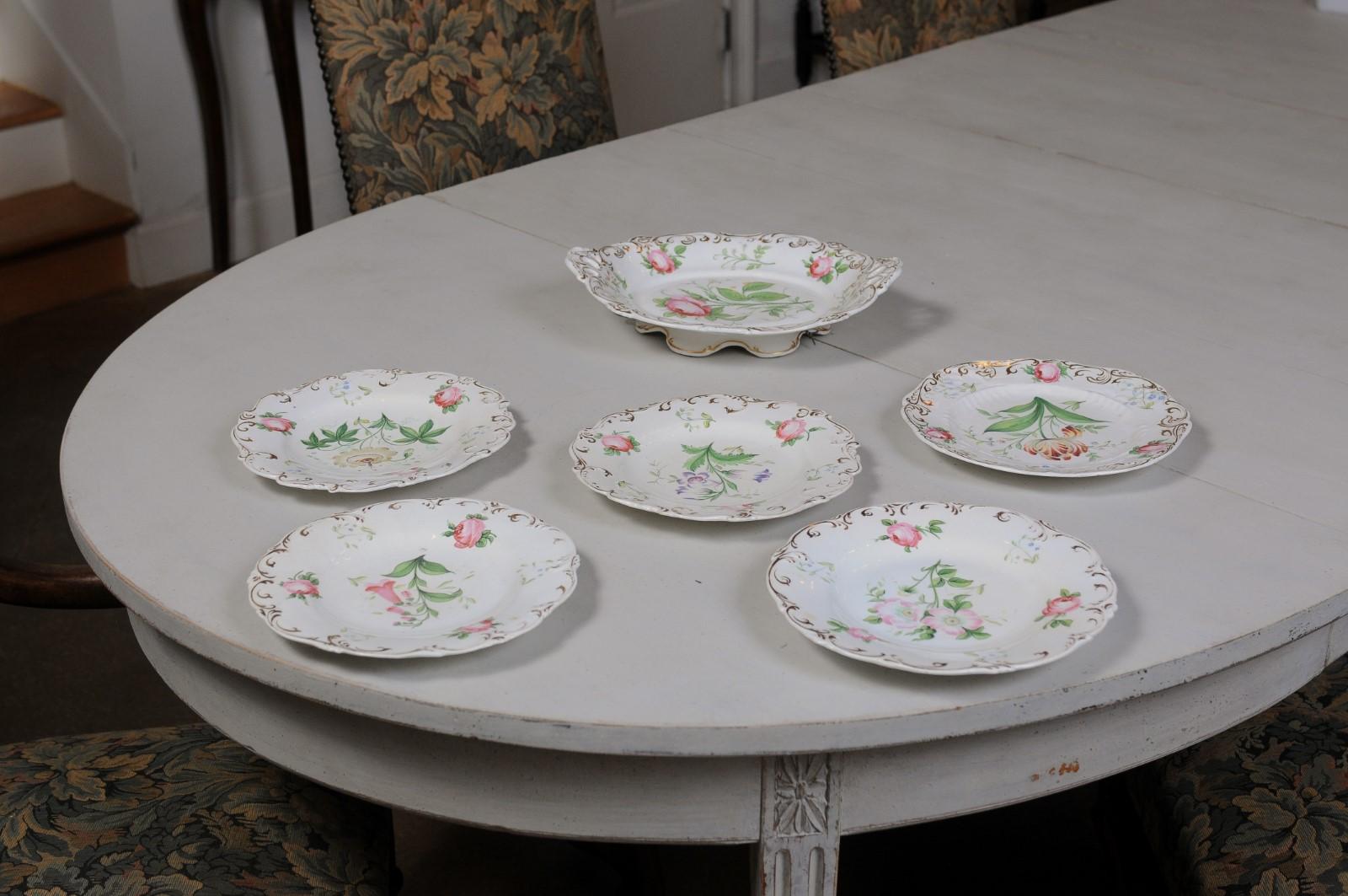 French 19th Century Paris Porcelain Dessert Set with Five Plates and Compote 12