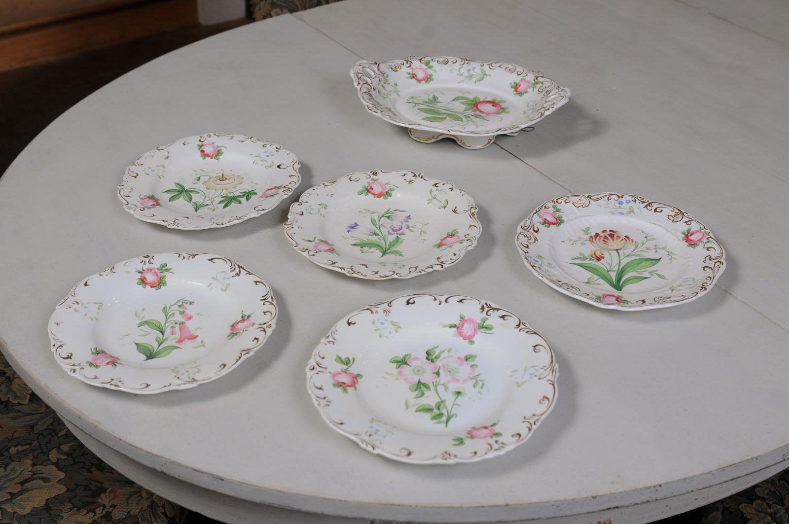 French 19th Century Paris Porcelain Dessert Set with Five Plates and Compote 14