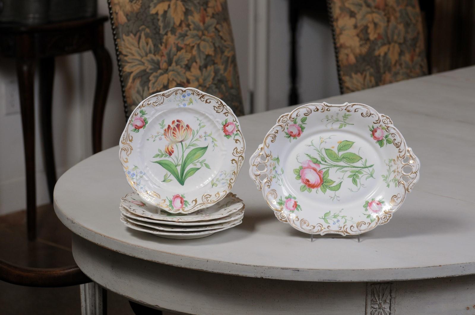 French 19th Century Paris Porcelain Dessert Set with Five Plates and Compote 1