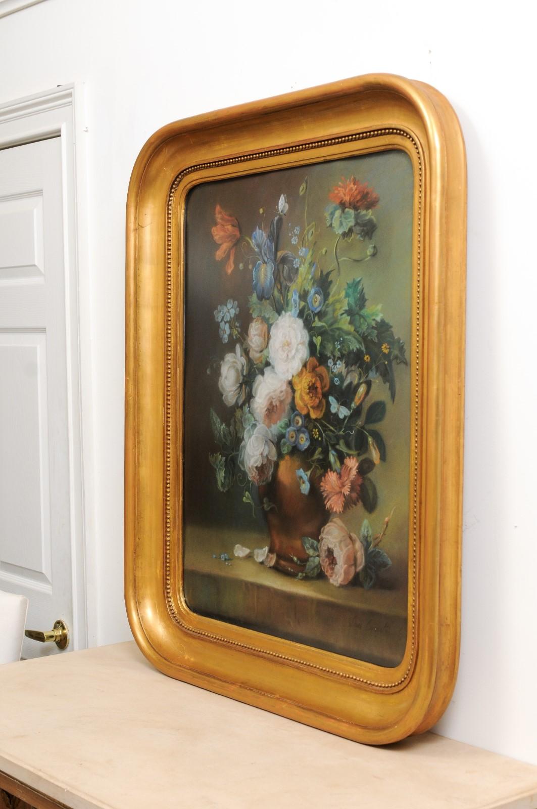 French 19th Century Paste Painting with Bouquet of Flowers in Giltwood Frame For Sale 7