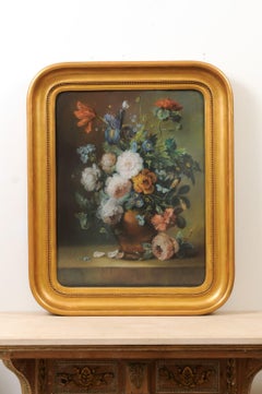 French 19th Century Paste Painting with Bouquet of Flowers in Giltwood Frame