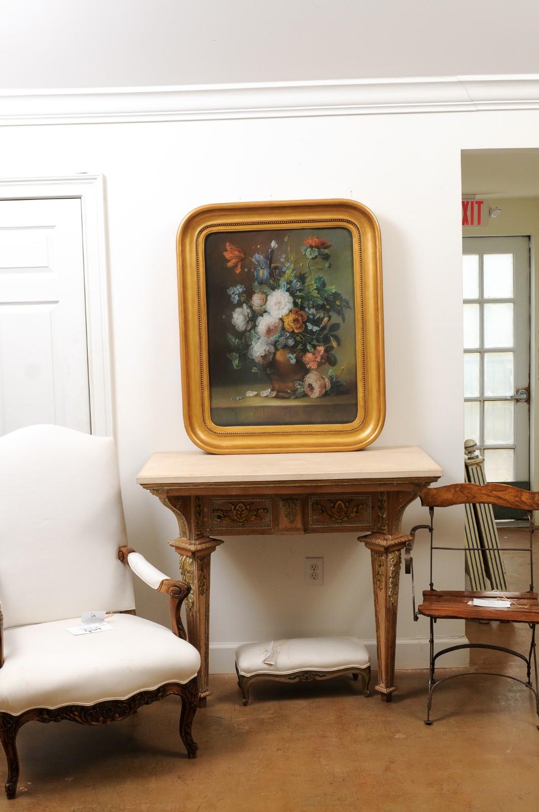 French 19th Century Paste Painting with Bouquet of Flowers in Giltwood Frame In Good Condition For Sale In Atlanta, GA