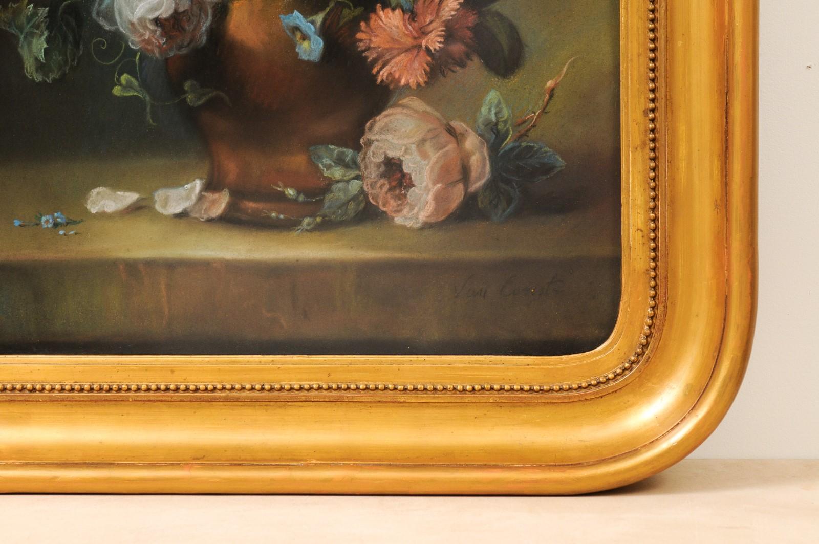 French 19th Century Paste Painting with Bouquet of Flowers in Giltwood Frame For Sale 2
