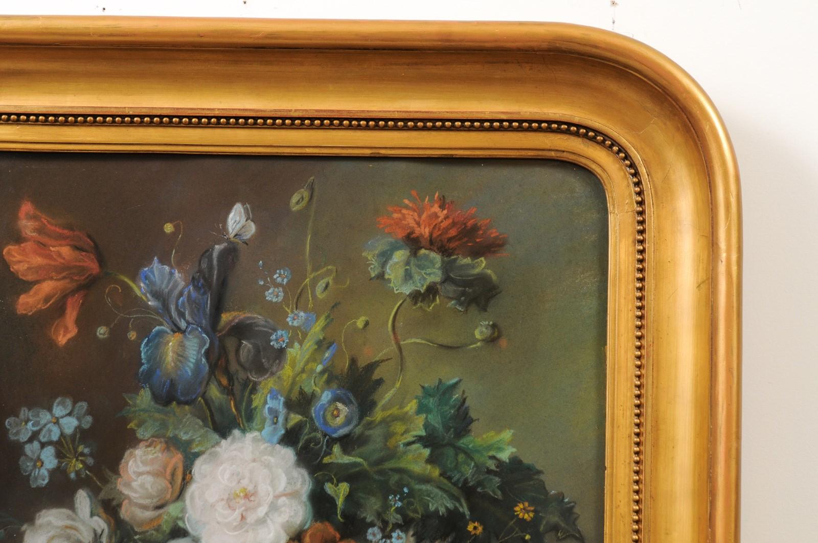French 19th Century Paste Painting with Bouquet of Flowers in Giltwood Frame For Sale 3