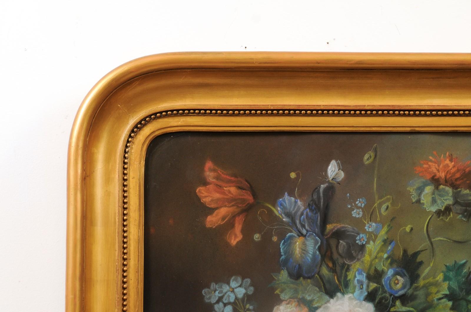 French 19th Century Paste Painting with Bouquet of Flowers in Giltwood Frame For Sale 4