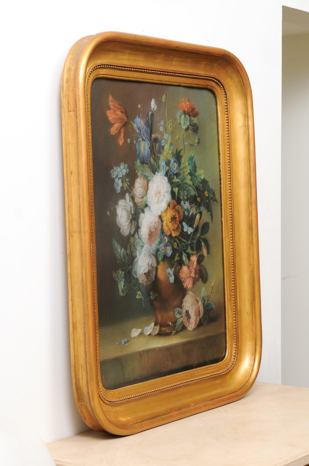 French 19th Century Paste Painting with Bouquet of Flowers in Giltwood Frame For Sale 5