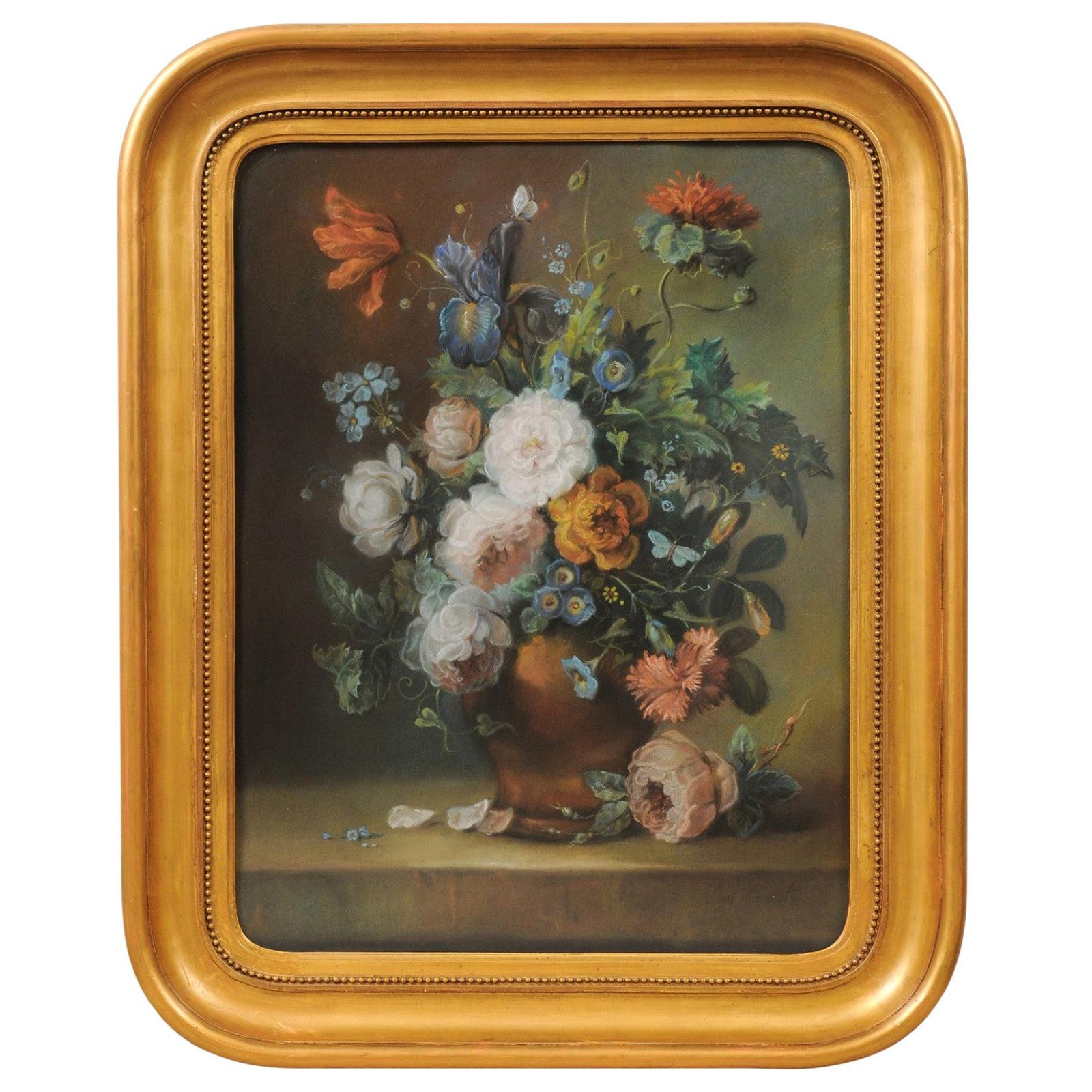 French 19th Century Paste Painting with Bouquet of Flowers in Giltwood Frame