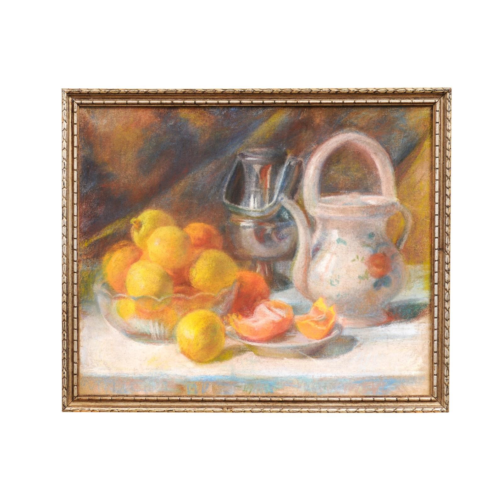 A French still-life pastel on canvas painting from the 19th century depicting citrus in a bowl, a jug and a silver container. Transport yourself to the bountiful still-life world of 19th-century France with this captivating French pastel on canvas