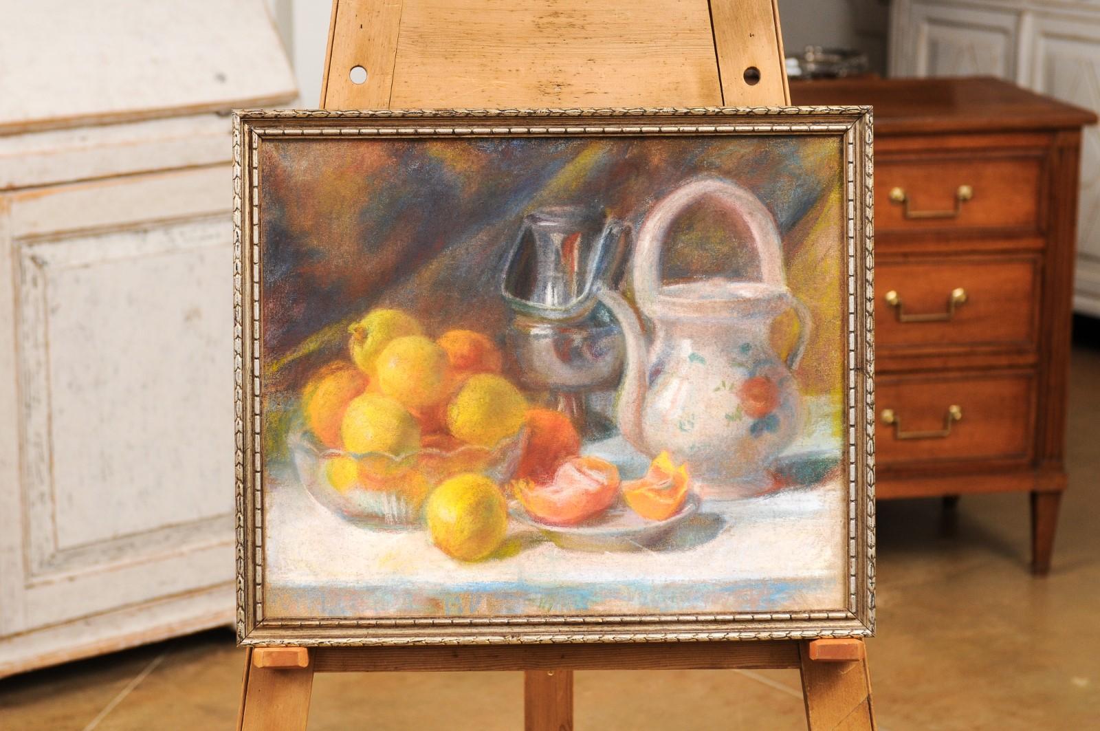 Hand-Painted French 19th Century Pastel on Canvas Still-Life Painting with Citrus in Bowl For Sale