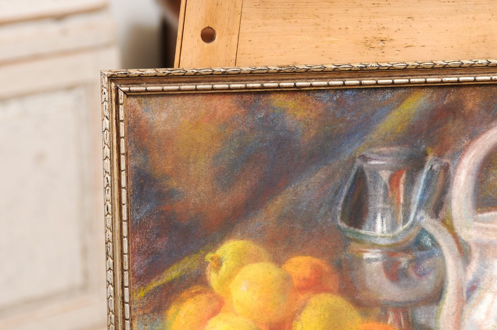 French 19th Century Pastel on Canvas Still-Life Painting with Citrus in Bowl In Good Condition For Sale In Atlanta, GA