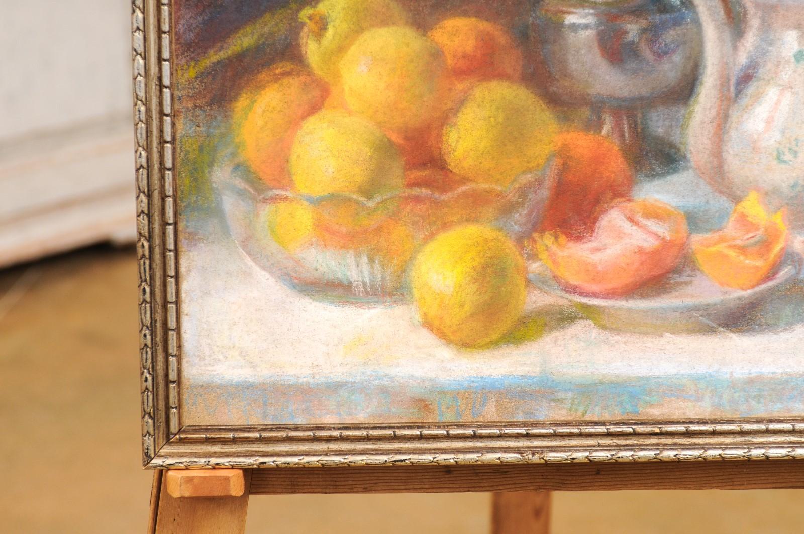French 19th Century Pastel on Canvas Still-Life Painting with Citrus in Bowl For Sale 3