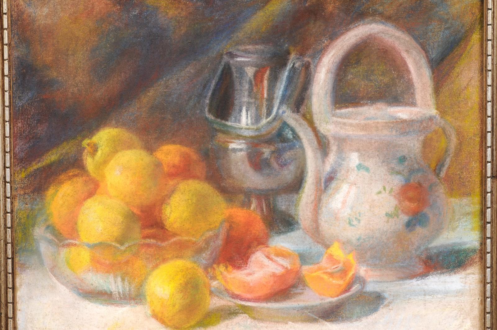 French 19th Century Pastel on Canvas Still-Life Painting with Citrus in Bowl For Sale 4
