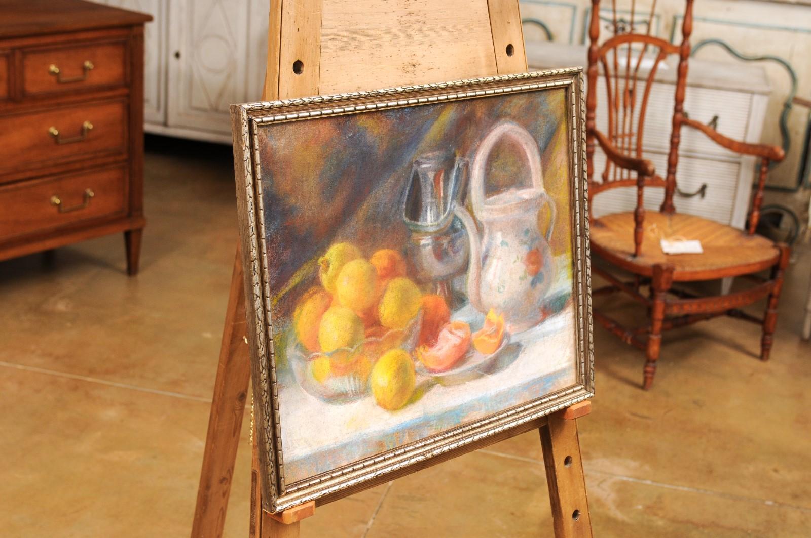 French 19th Century Pastel on Canvas Still-Life Painting with Citrus in Bowl For Sale 5