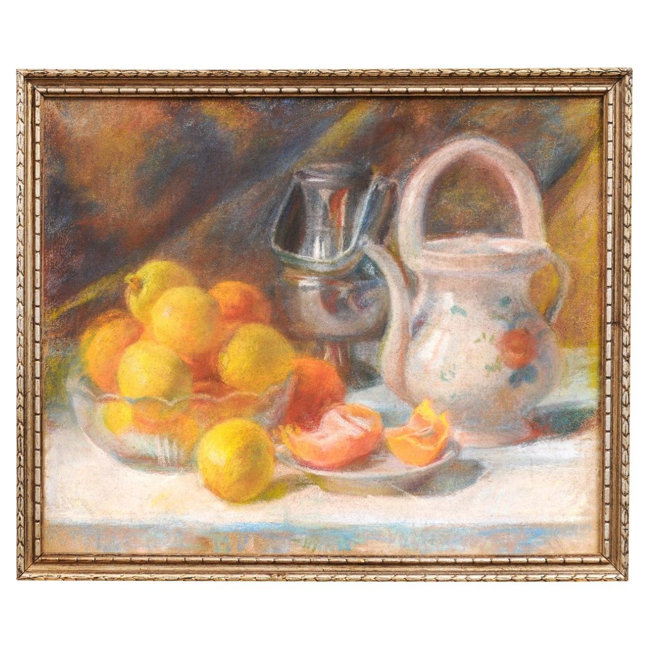 French 19th Century Pastel on Canvas Still-Life Painting with Citrus in Bowl For Sale