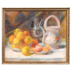 Antique French 19th Century Pastel on Canvas Still-Life Painting with Citrus in Bowl