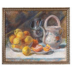 French 19th Century Pastel on Canvas Still-Life Painting with Citrus in Bowl