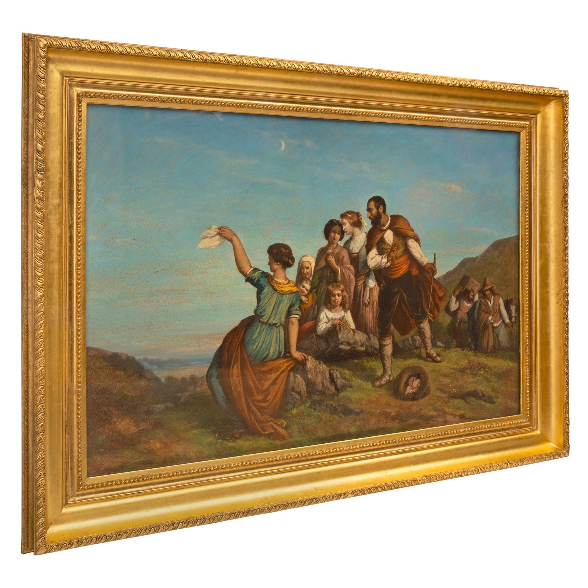 A most impressive and large scaled French 19th century pastel, signed E. Tourneux 1855. The wonderfully executed painting depicts a lovely hillside by the sea, with a group of personages dressed in colorful classical attire. They are standing at the