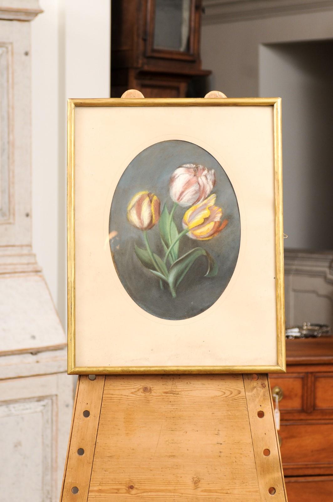 Gilt French 19th Century Pastel Still-Life Painting Depicting a Bouquet of Tulips For Sale
