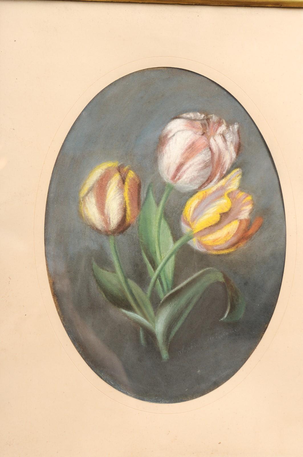 French 19th Century Pastel Still-Life Painting Depicting a Bouquet of Tulips In Good Condition For Sale In Atlanta, GA