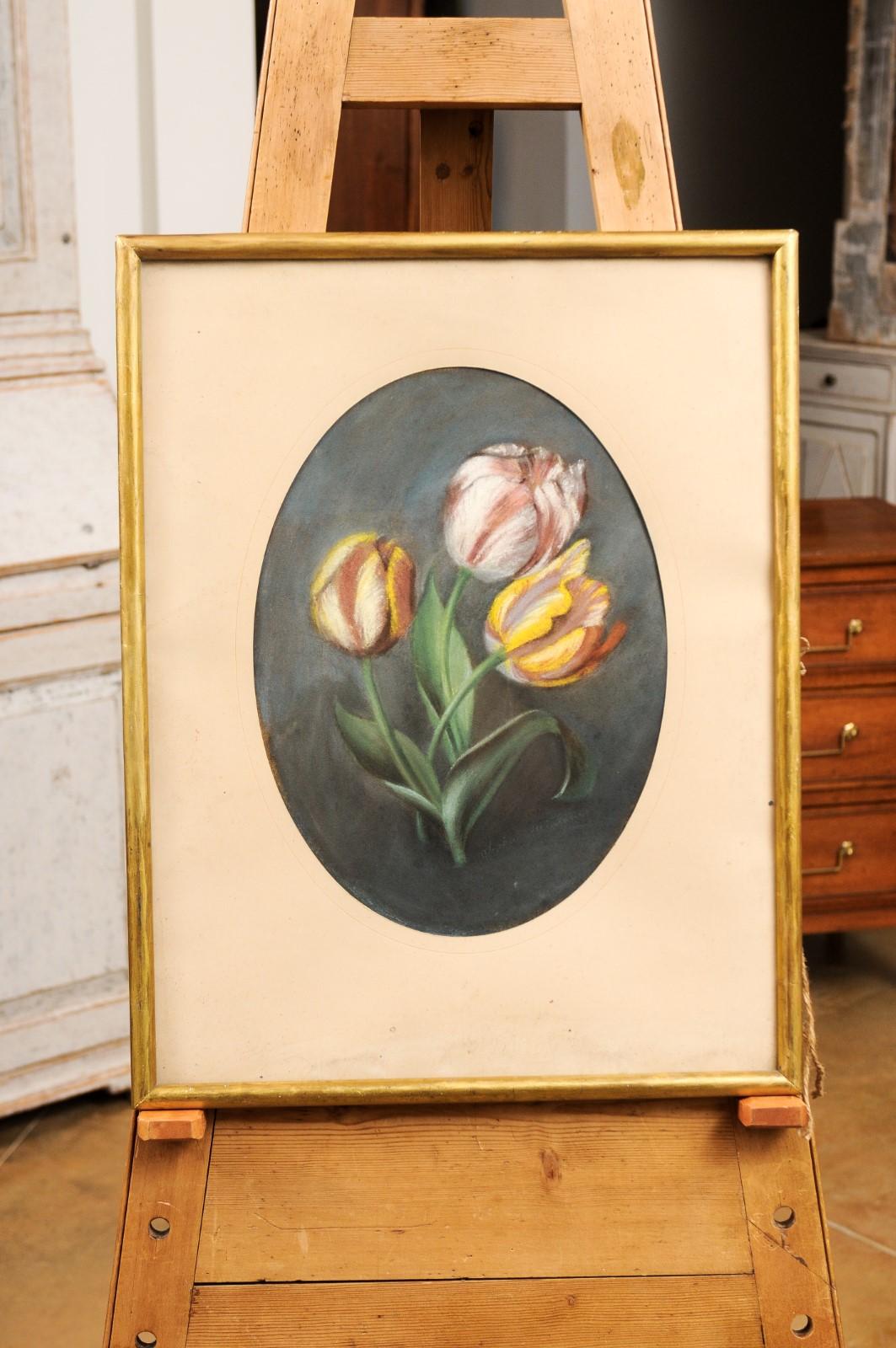 French 19th Century Pastel Still-Life Painting Depicting a Bouquet of Tulips For Sale 4