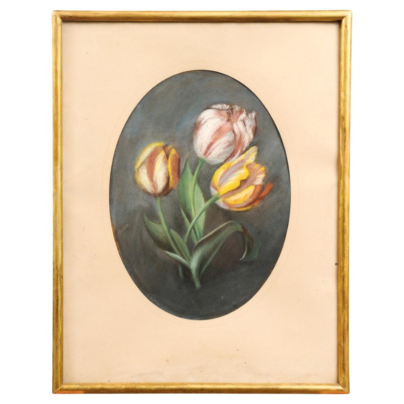 Nature morte au pastel du XIXe siècle représentant un bouquet de tulipes