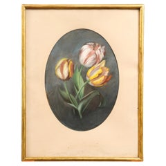Antique French 19th Century Pastel Still-Life Painting Depicting a Bouquet of Tulips