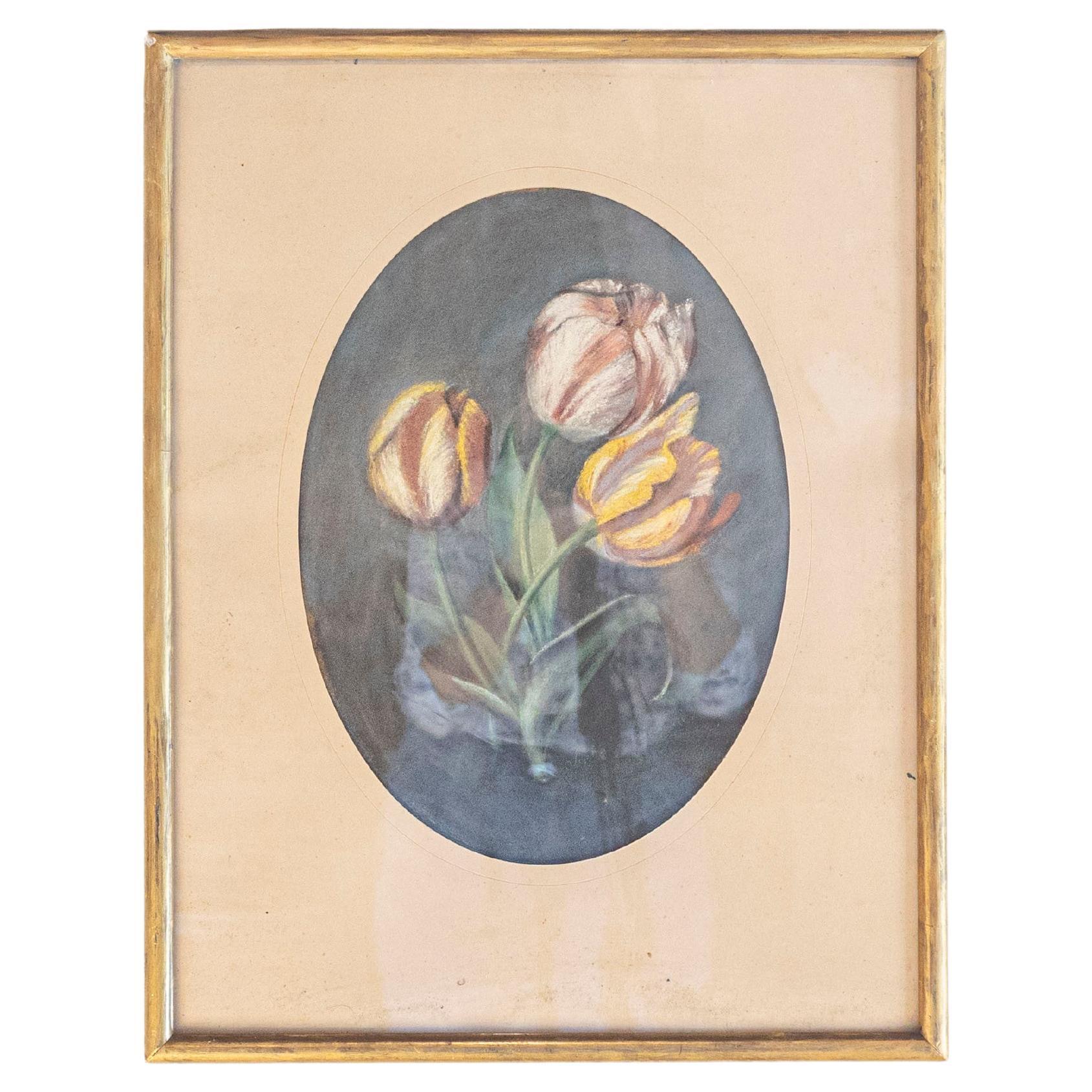 French 19th Century Pastel Still-Life Painting Depicting a Bouquet of Tulips