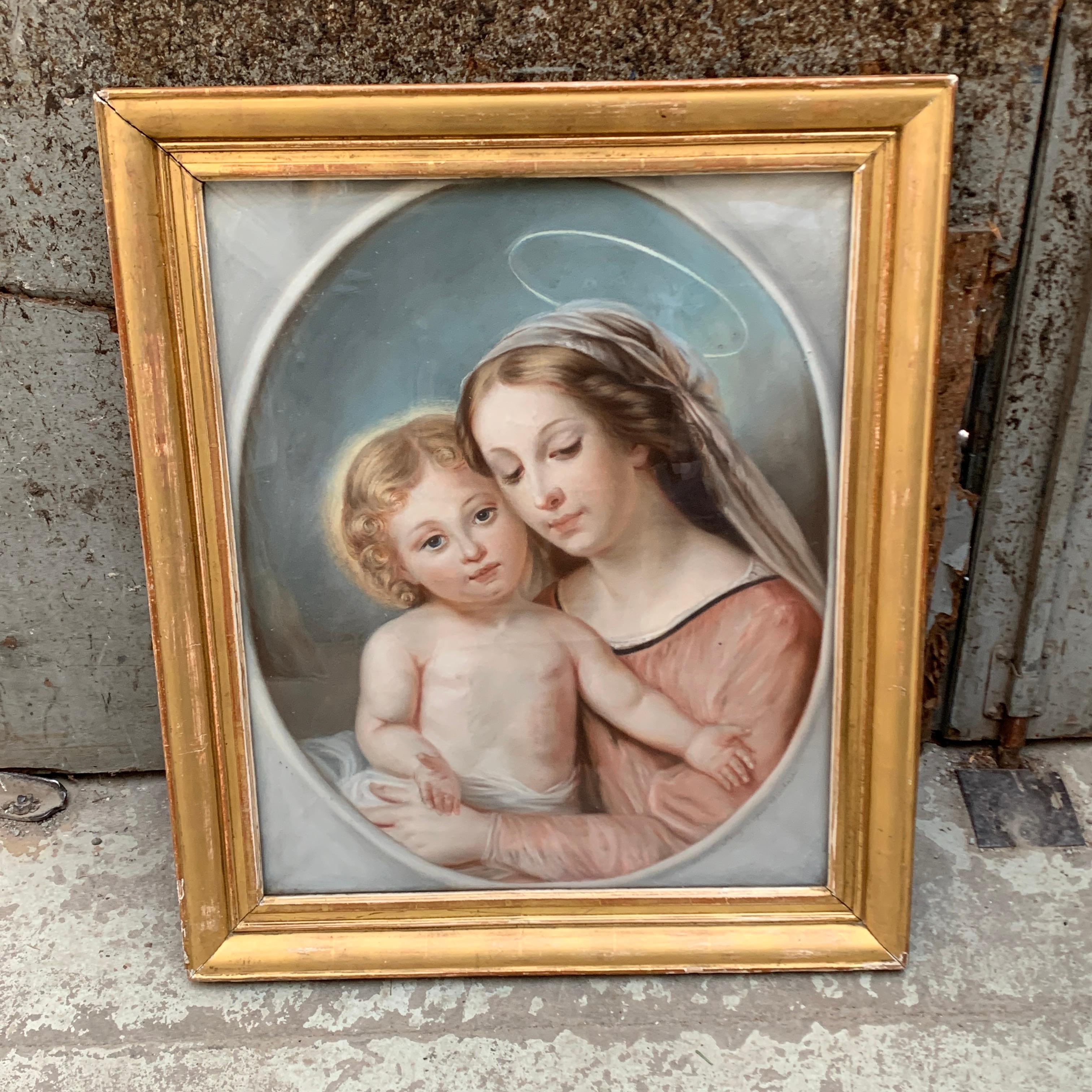 Oiled French 19th Century Pastel with Virgin Mary and Jesus Child 