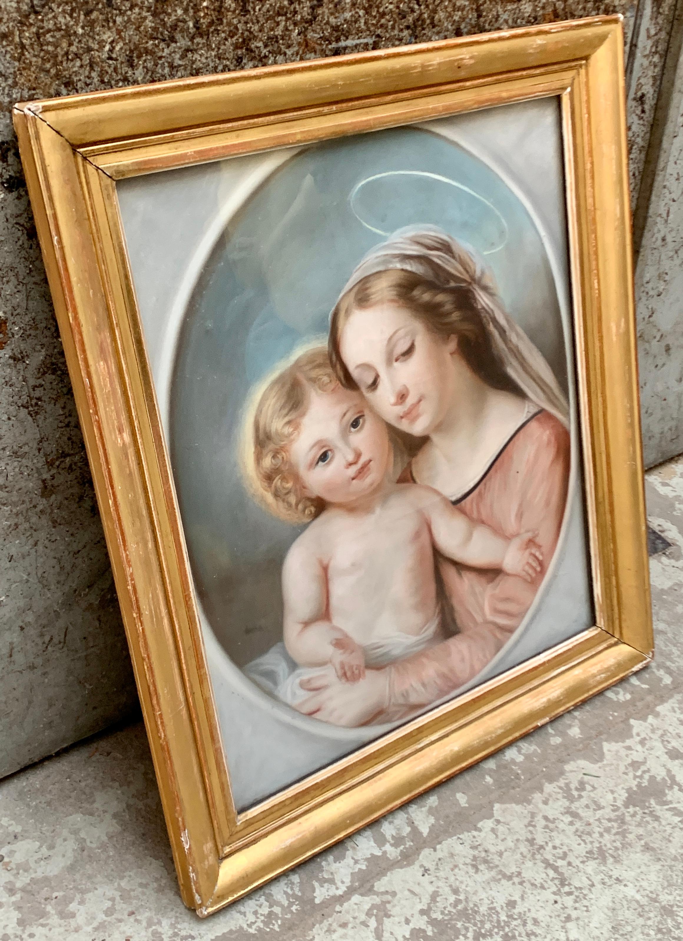 French 19th Century Pastel with Virgin Mary and Jesus Child  In Good Condition In Haddonfield, NJ